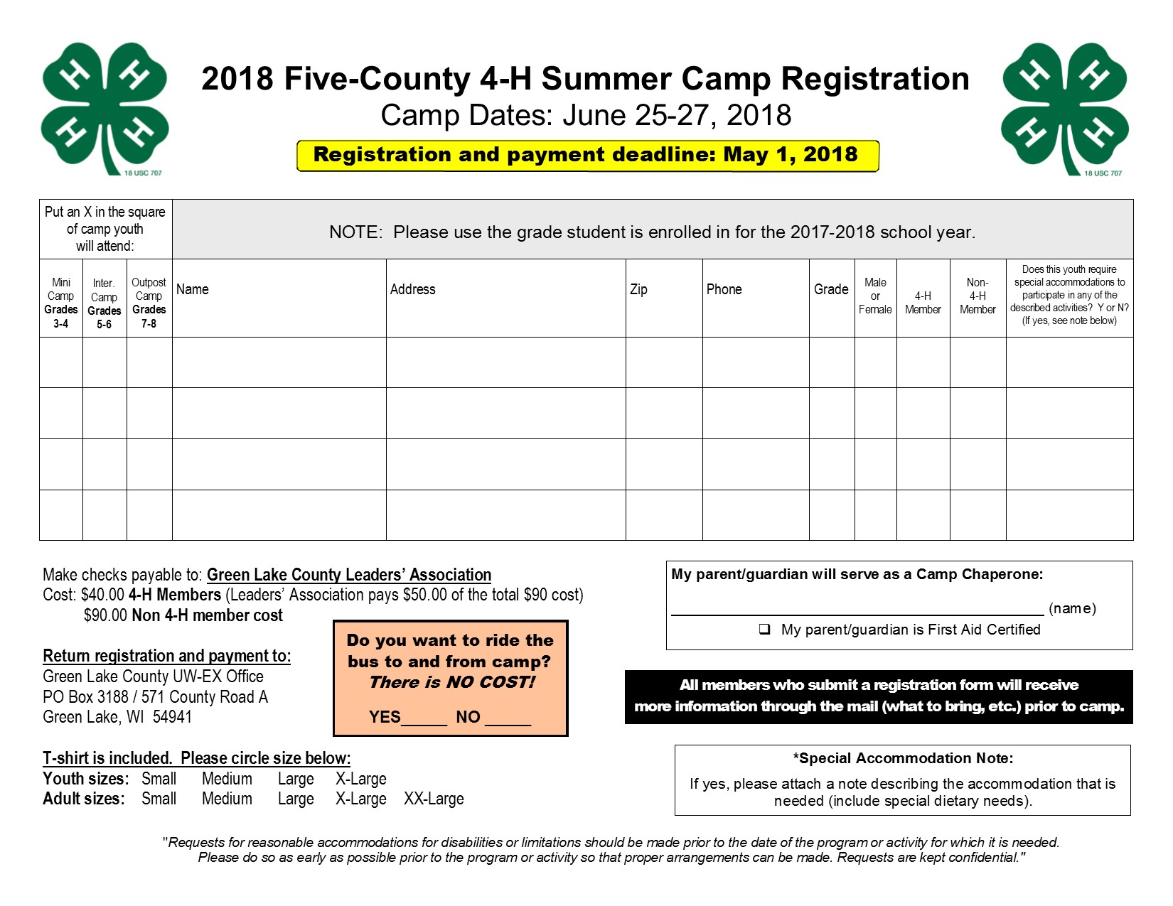 Camper Registration Form Extension Green Lake County