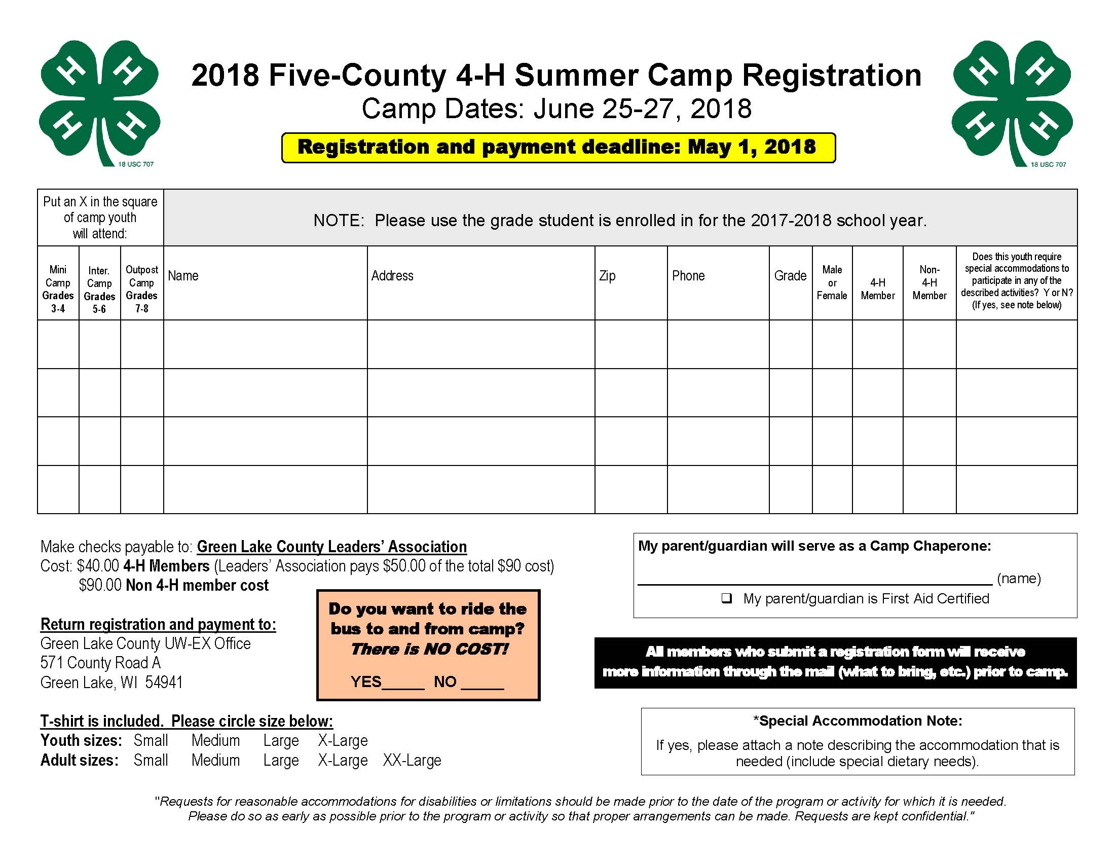 Camper Registration Form Extension Green Lake County