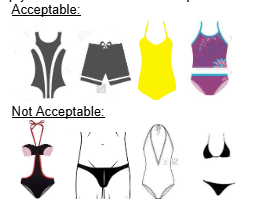 Two rows of swimsuits. The first row are acceptable styles and the second is not.