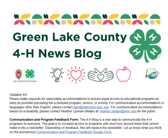 First page of Green Lake County 4-H News Blog.